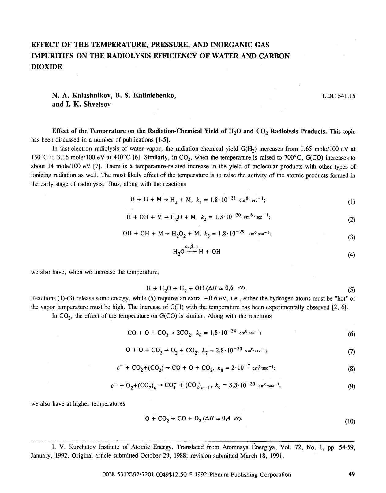 Effect of the temperature, pressure, and inorganic gas impurities on the radiolysis efficiency of water and carbon dioxide by Unknown
