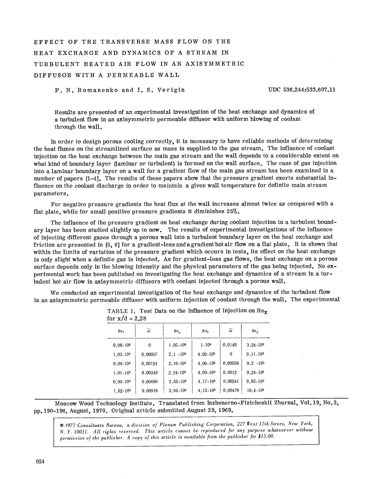 Effect of the transverse mass flow on the heat exchange and dynamics of a stream in turbulent heated air flow in an axisymmetric diffusor with a permeable wall by Unknown