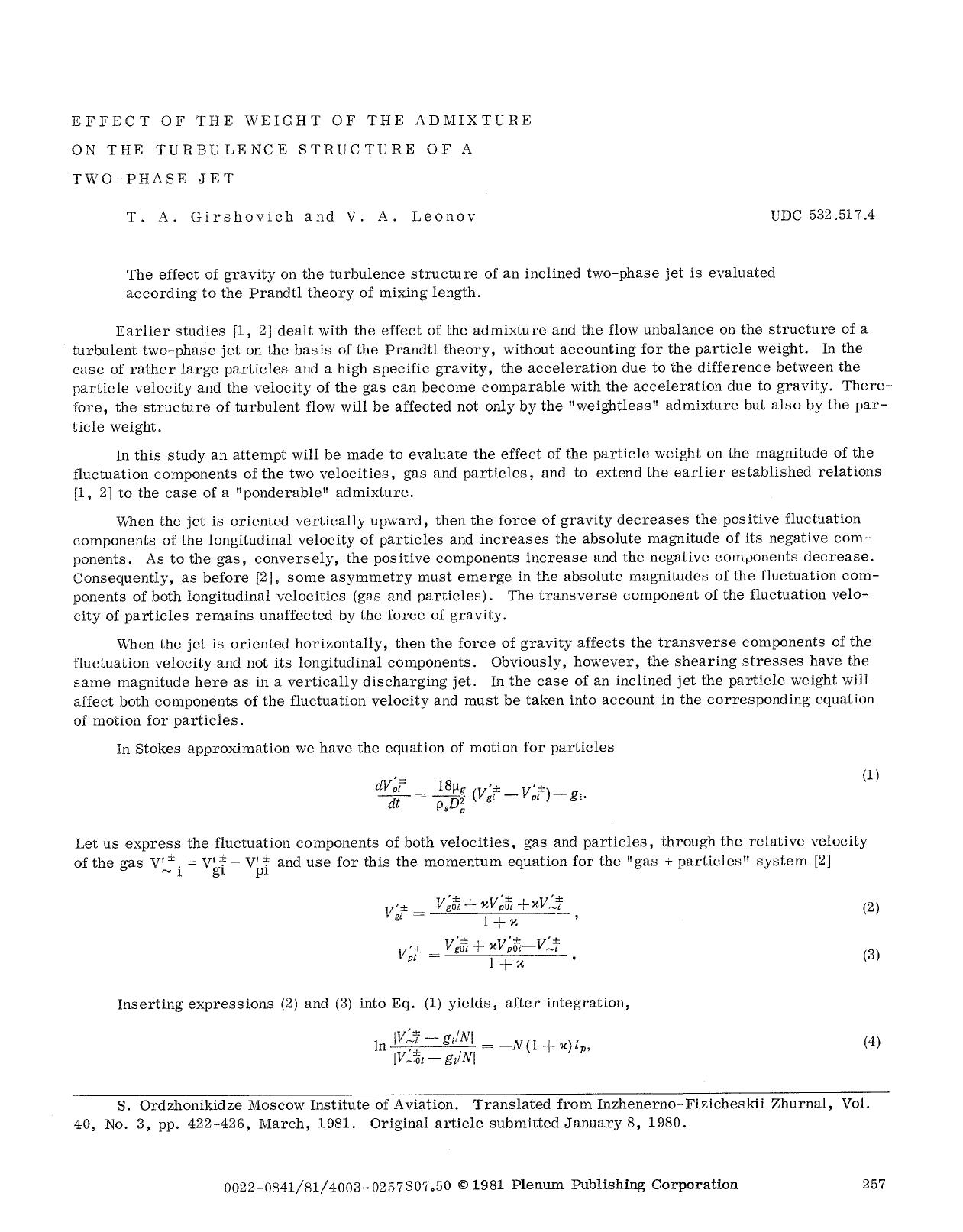 Effect of the weight of the admixture on the turbulence structure of a two-phase jet by Unknown