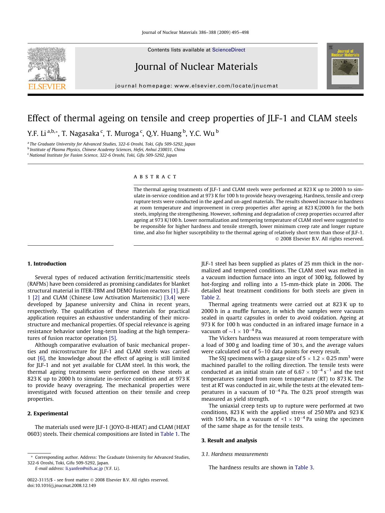 Effect of thermal ageing on tensile and creep properties of JLF-1 and CLAM steels by Y.F. Li; T. Nagasaka; T. Muroga; Q.Y. Huang; Y.C. Wu