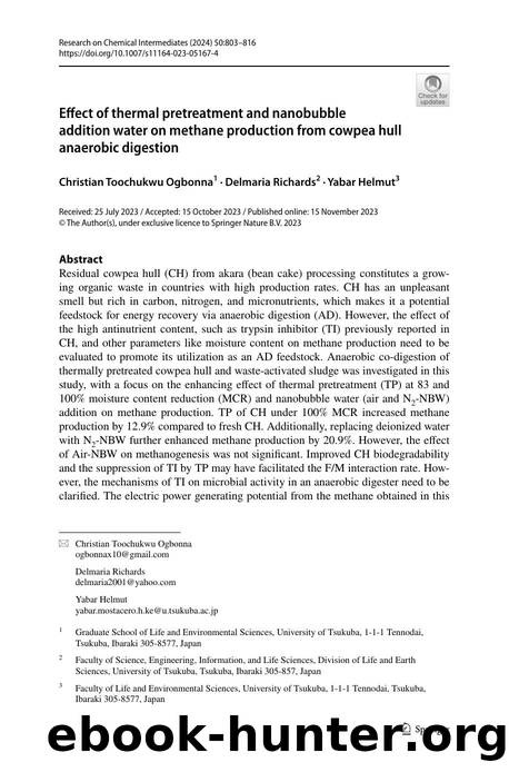 Effect of thermal pretreatment and nanobubble addition water on methane production from cowpea hull anaerobic digestion by Christian Toochukwu Ogbonna & Delmaria Richards & Yabar Helmut