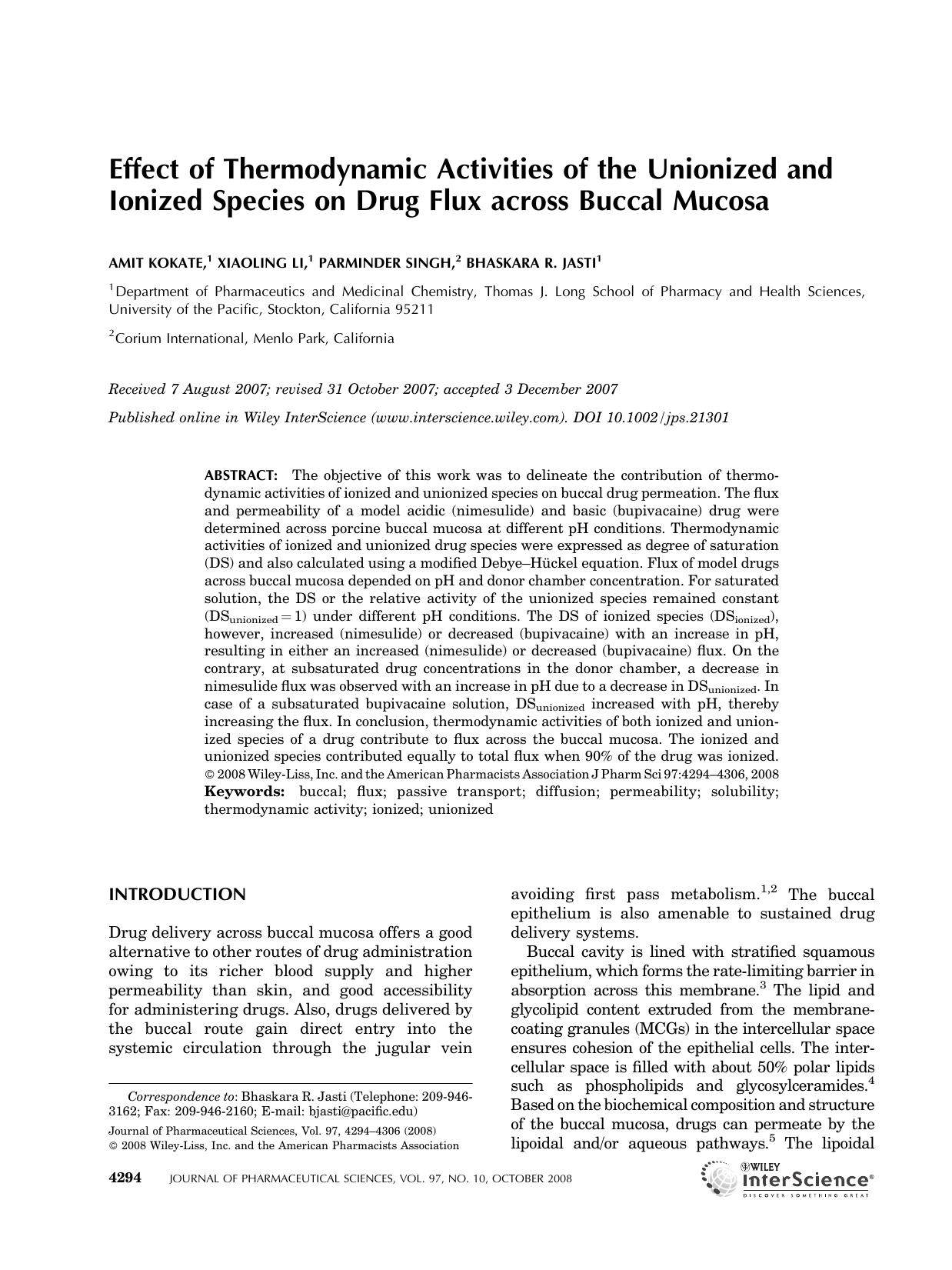 Effect of thermodynamic activities of the unionized and ionized species on drug flux across buccal mucosa by Unknown