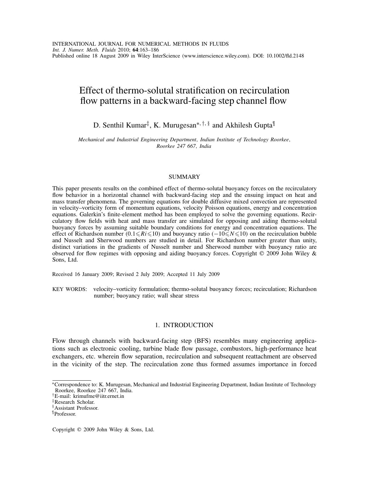 Effect of thermosolutal stratification on recirculation flow patterns in a backwardfacing step channel flow by Unknown