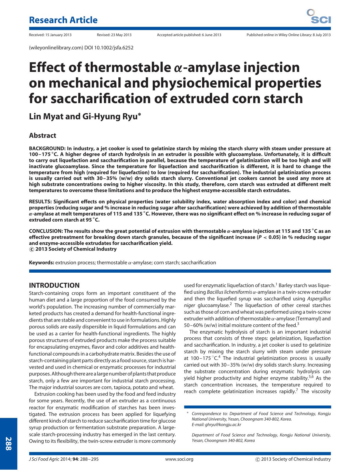 Effect of thermostable amylase injection on mechanical and physiochemical properties for saccharification of extruded corn starch by Unknown