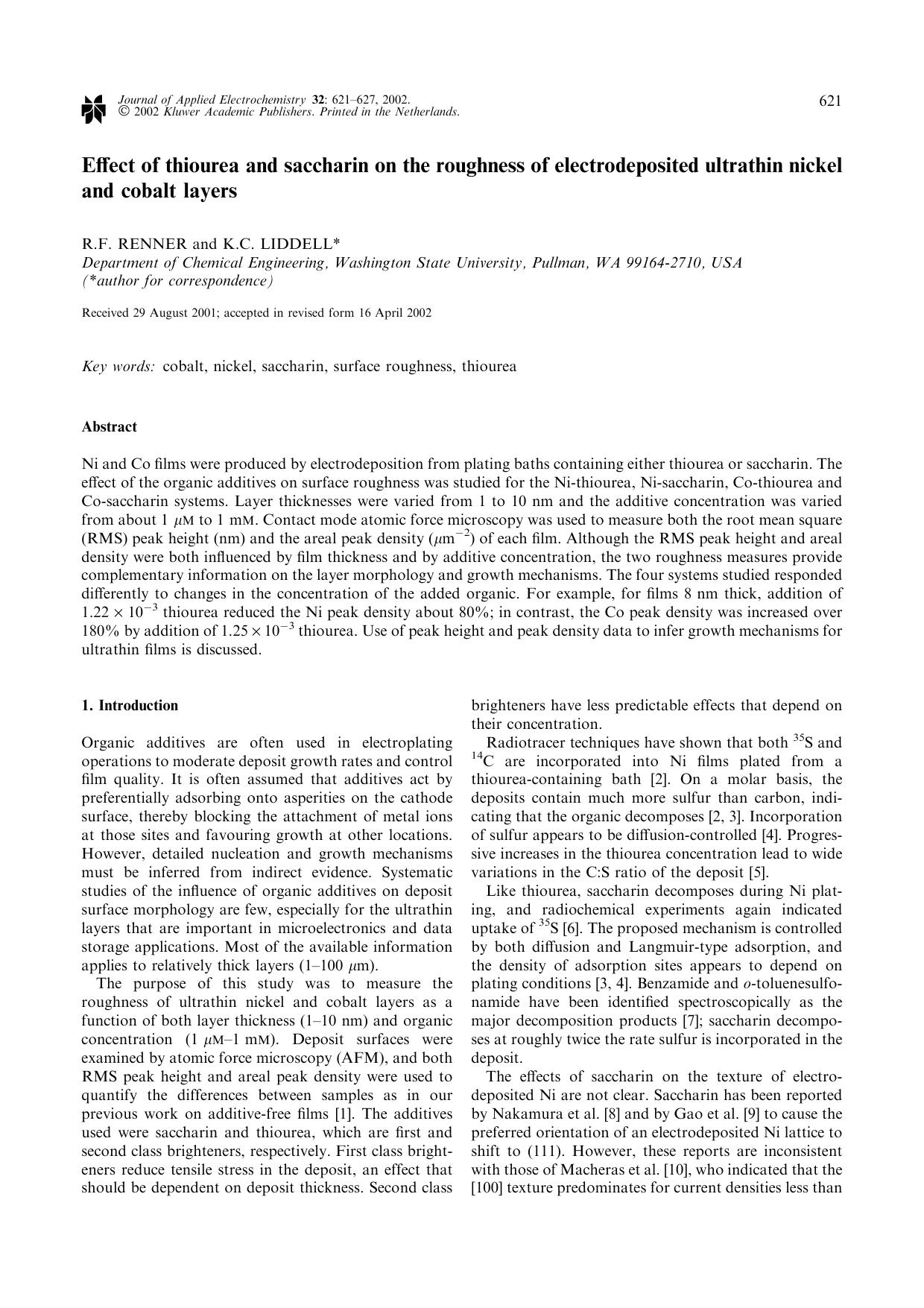 Effect of thiourea and saccharin on the roughness of electrodeposited ultrathin nickel and cobalt layers by Unknown