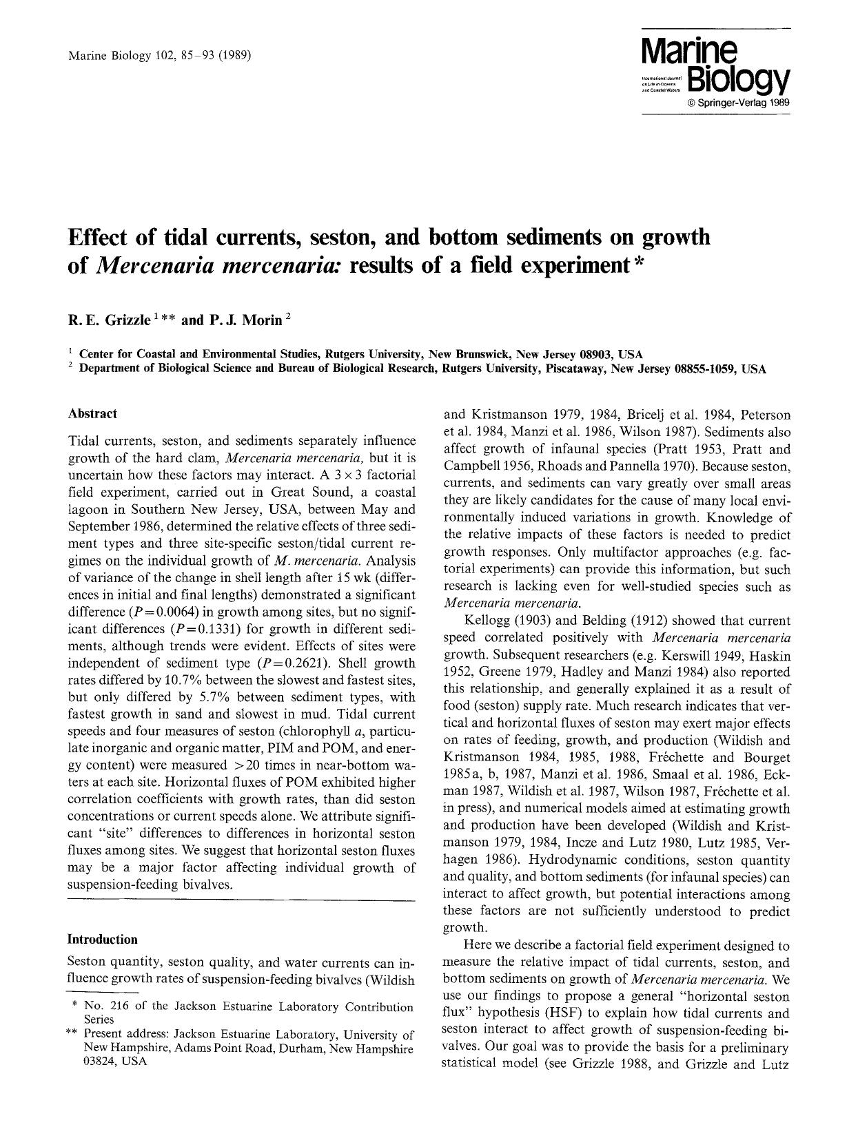 Effect of tidal currents, seston, and bottom sediments on growth of <Emphasis Type="Italic">Mercenaria mercenaria:<Emphasis> results of a field experiment by Unknown