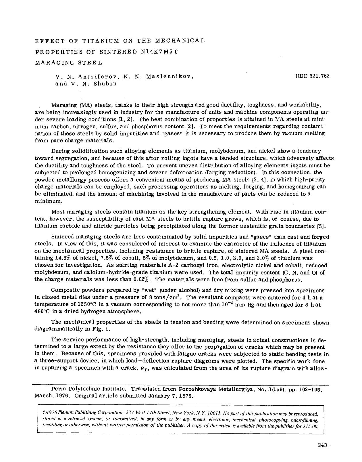 Effect of titanium on the mechanical properties of sintered N14K7M5T maraging steel by Unknown
