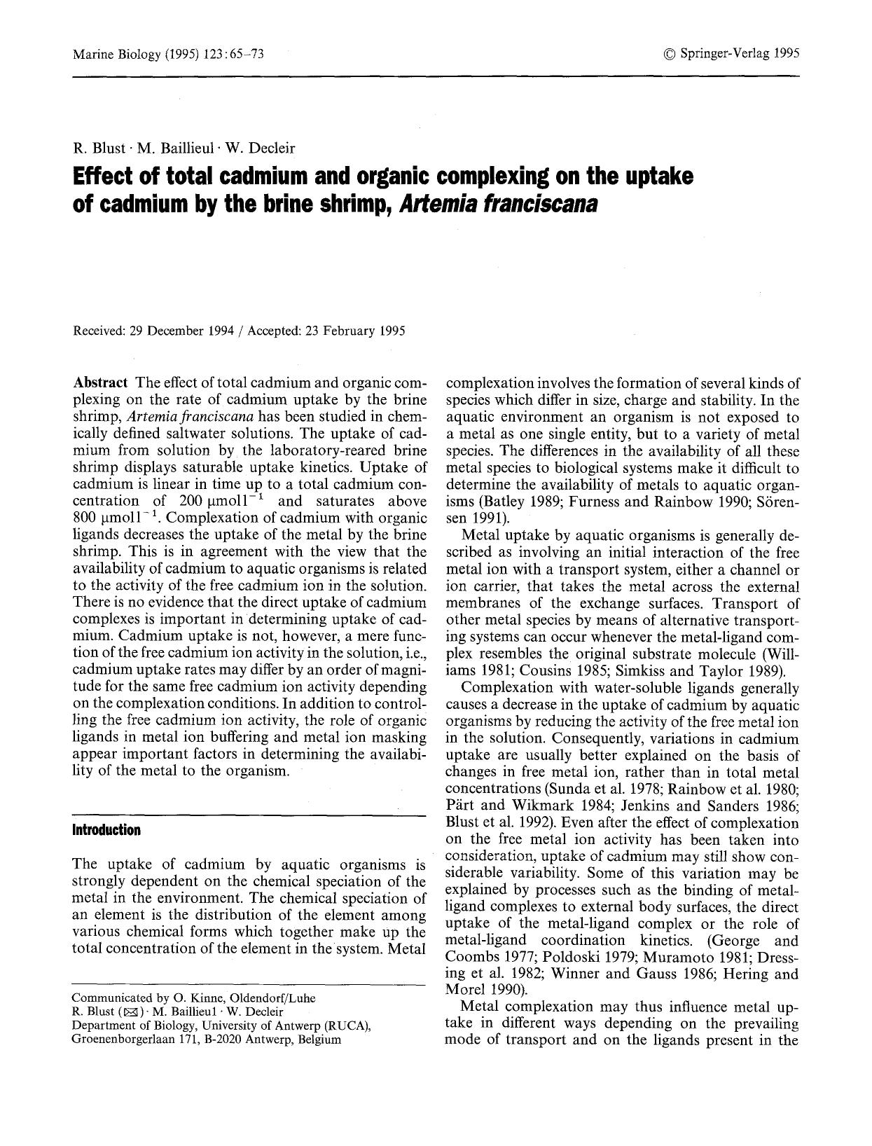 Effect of total cadmium and organic complexing on the uptake of cadmium by the brine shrimp, <Emphasis Type="Italic">Artemia franciscana<Emphasis> by Unknown