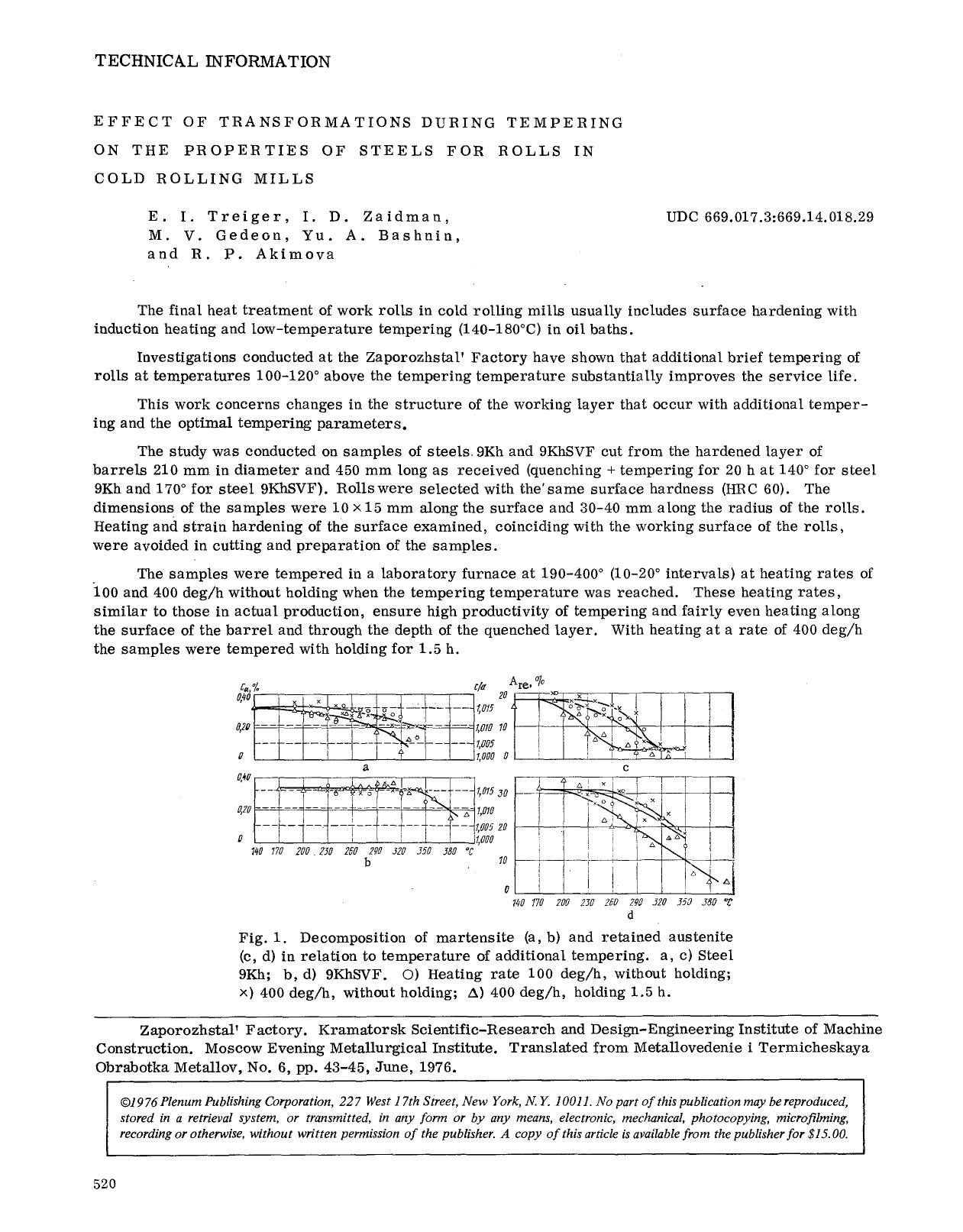 Effect of transformations during tempering on the properties of steels for rolls in cold rolling mills by Unknown