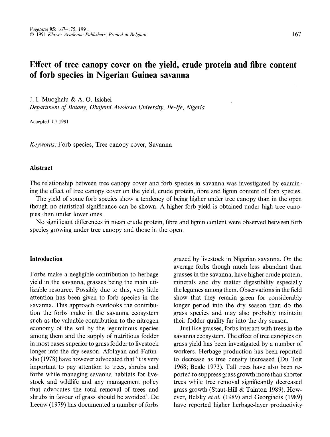Effect of tree canopy cover on the yield, crude protein and fibre content of forb species in Nigerian Guinea savanna by Unknown