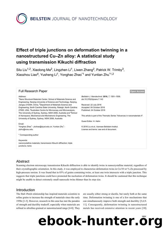 Effect of triple junctions on deformation twinning in a nanostructured CuâZn alloy: A statistical study using transmission Kikuchi diffraction by unknow