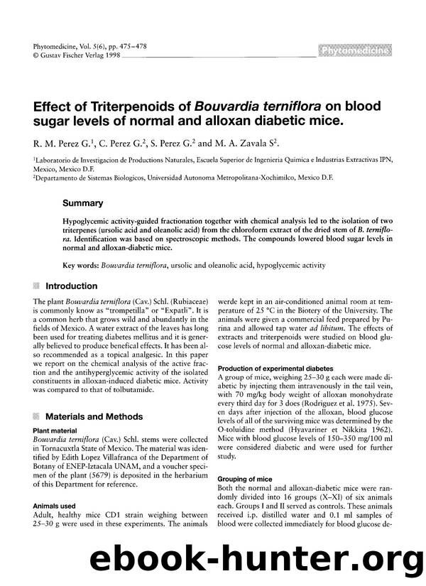 Effect of triterpenoids of Bouvardia terniflora on blood sugar levels of normal and alloxan diabetic mice by R.M. Perez G. & C. Perez G. & S. Perez G. & M.A. Zavala S