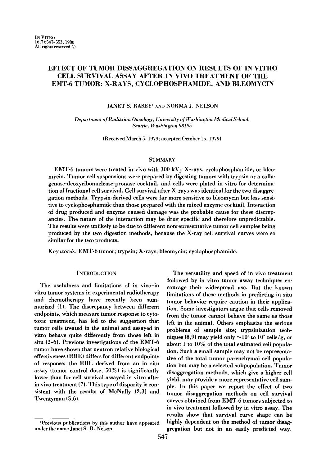 Effect of tumor dissaggregation on results of in vitro cell survival assay after in vivo treatment of the EMT-6 tumor: X-rays, cyclophosphamide, and bleomycin by Unknown