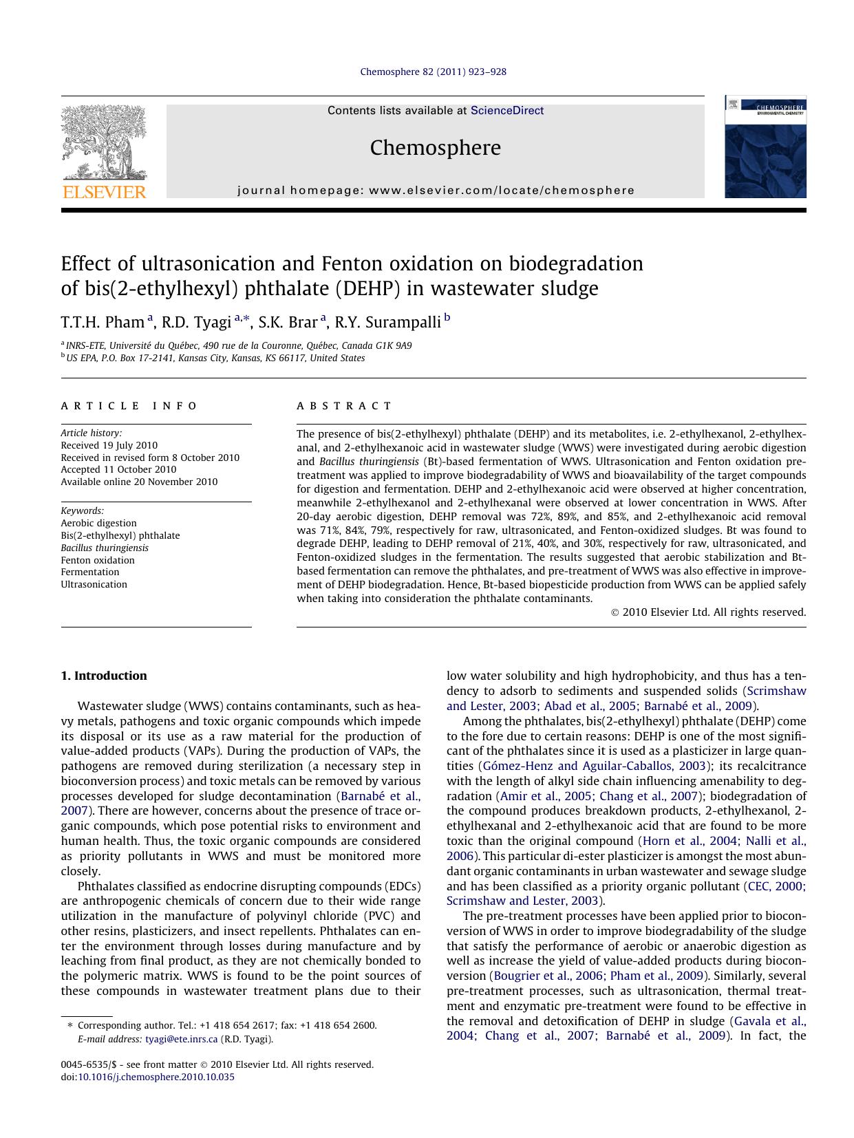 Effect of ultrasonication and Fenton oxidation on biodegradation of bis(2-ethylhexyl) phthalate (DEHP) in wastewater sludge by T.T.H. Pham & R.D. Tyagi & S.K. Brar & R.Y. Surampalli