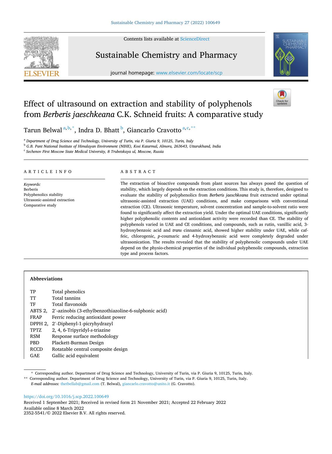 Effect of ultrasound on extraction and stability of polyphenols from Berberis jaeschkeana C.K. Schneid fruits: A comparative study by Tarun Belwal & Indra D. Bhatt & Giancarlo Cravotto