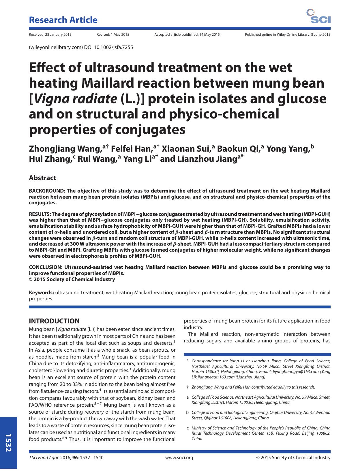 Effect of ultrasound treatment on the wet heating Maillard reaction between mung bean [Vigna radiate (L.)] protein isolates and glucose and on structural and physico-chemical properties of conjugates by Unknown