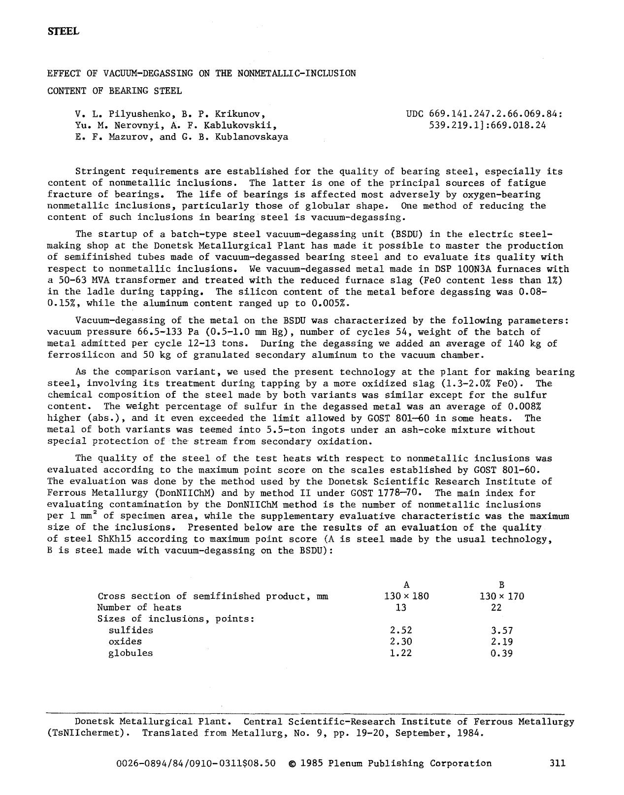 Effect of vacuum-degassing on the nonmetallic-inclusion content of bearing steel by Unknown
