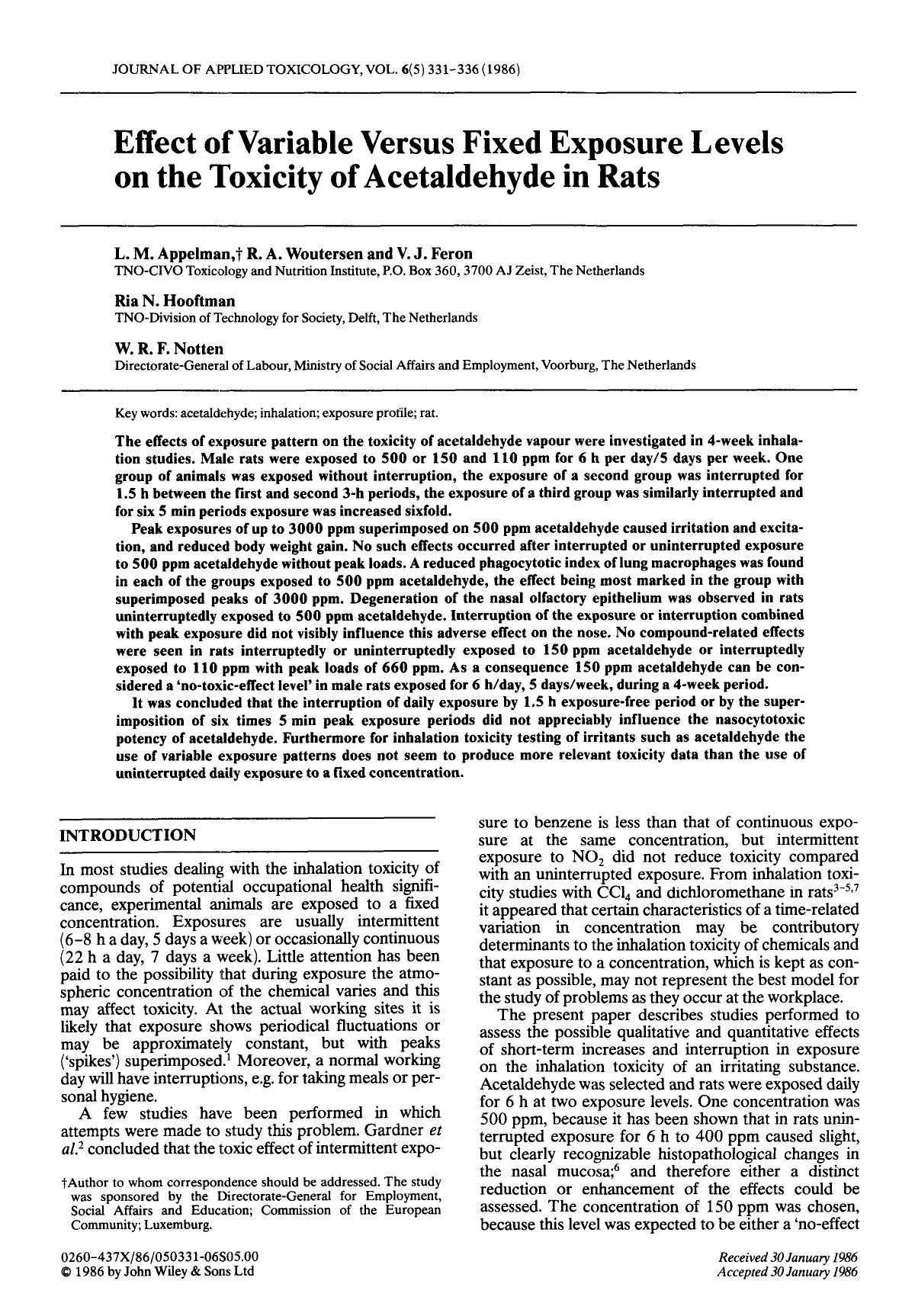 Effect of variable versus fixed exposure levels on the toxicity of acetaldehyde in rats by Unknown