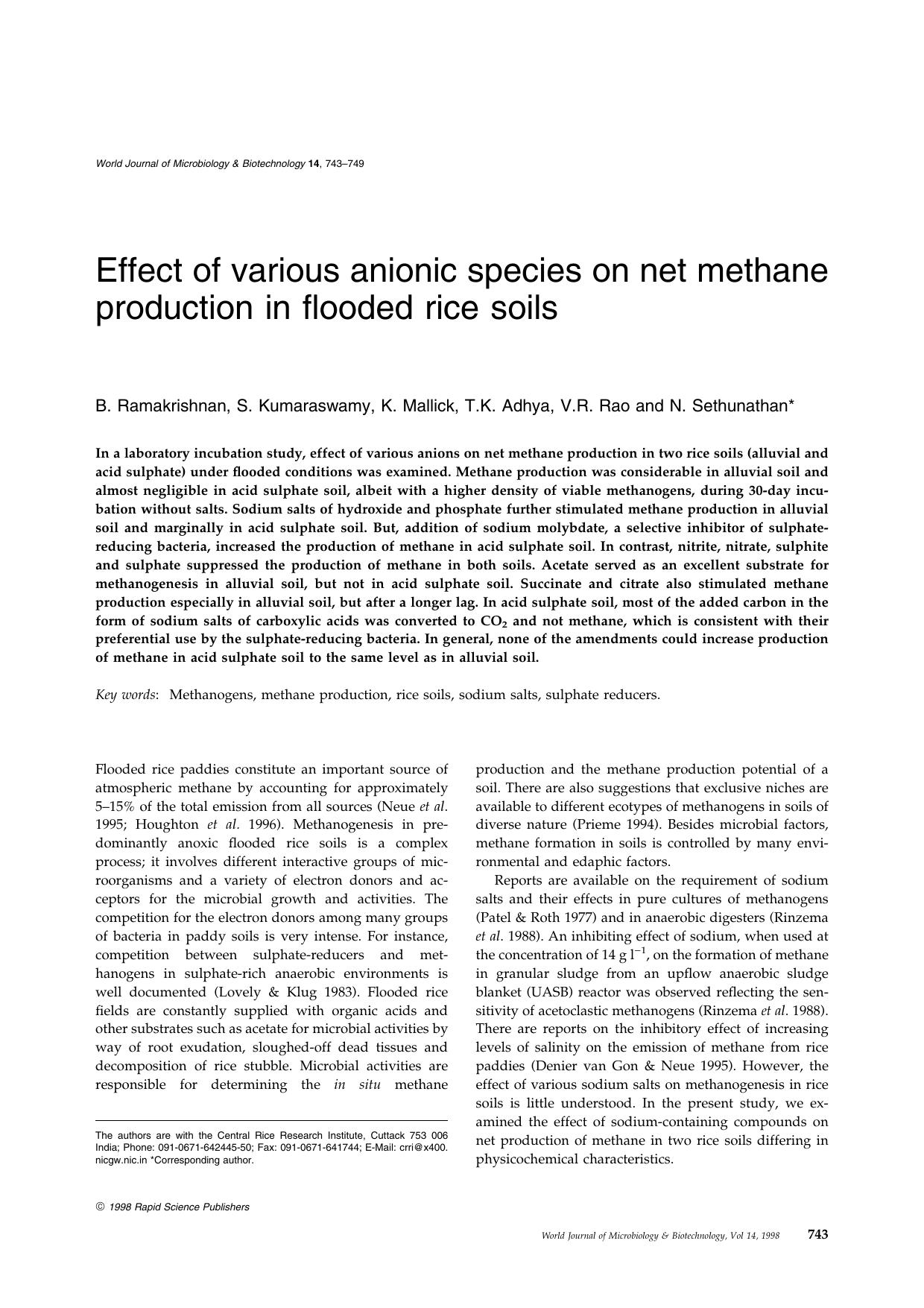 Effect of various anionic species on net methane production in flooded rice soils by Unknown