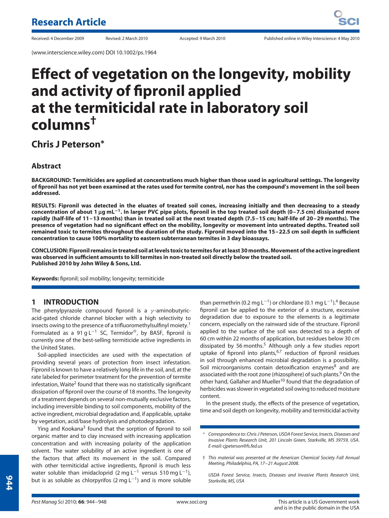 Effect of vegetation on the longevity, mobility and activity of fipronil applied at the termiticidal rate in laboratory soil columns by Unknown
