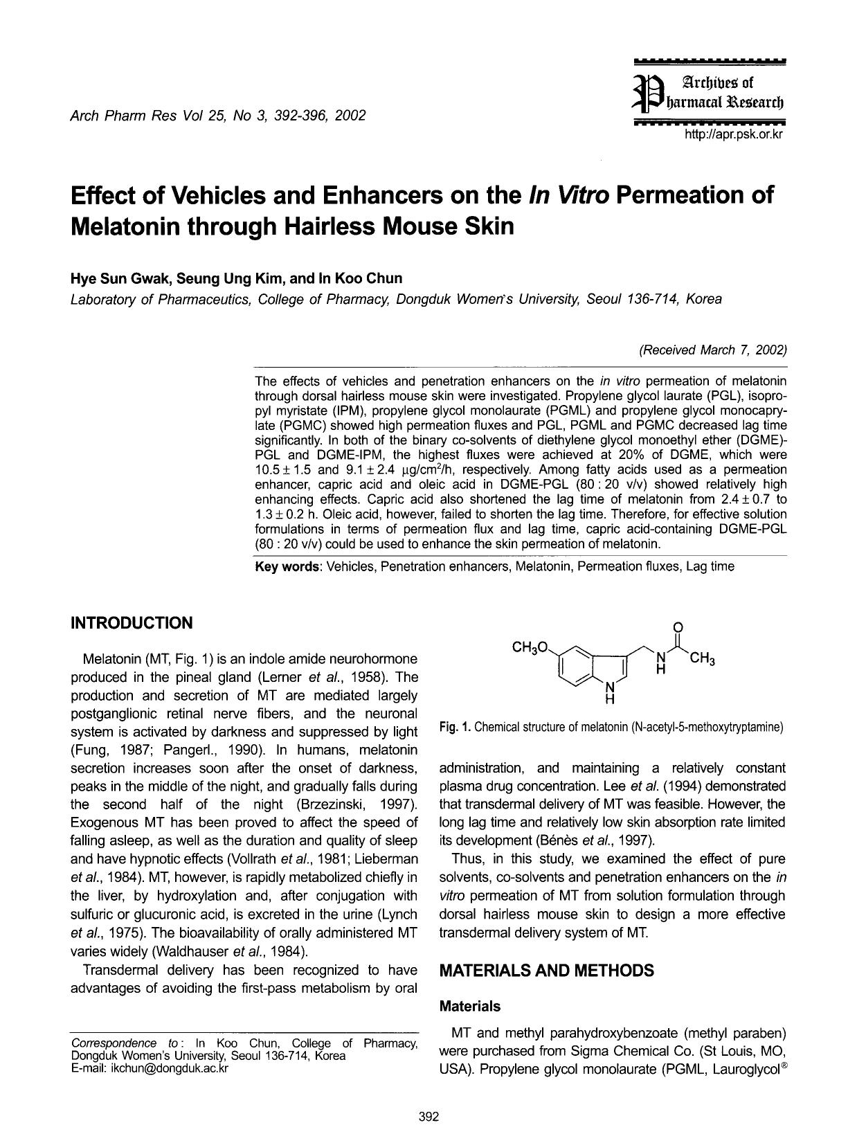 Effect of vehicles and enhancers on the <Emphasis Type="Italic">in vitro <Emphasis> permeation of melatonin through hairless mouse skin by Unknown