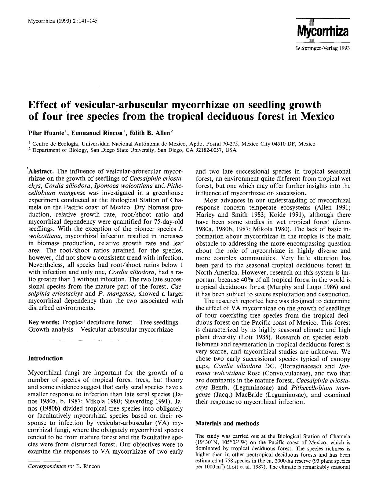 Effect of vesicular-arbuscular mycorrhizae on seedling growth of four tree species from the tropical deciduous forest in Mexico by Unknown