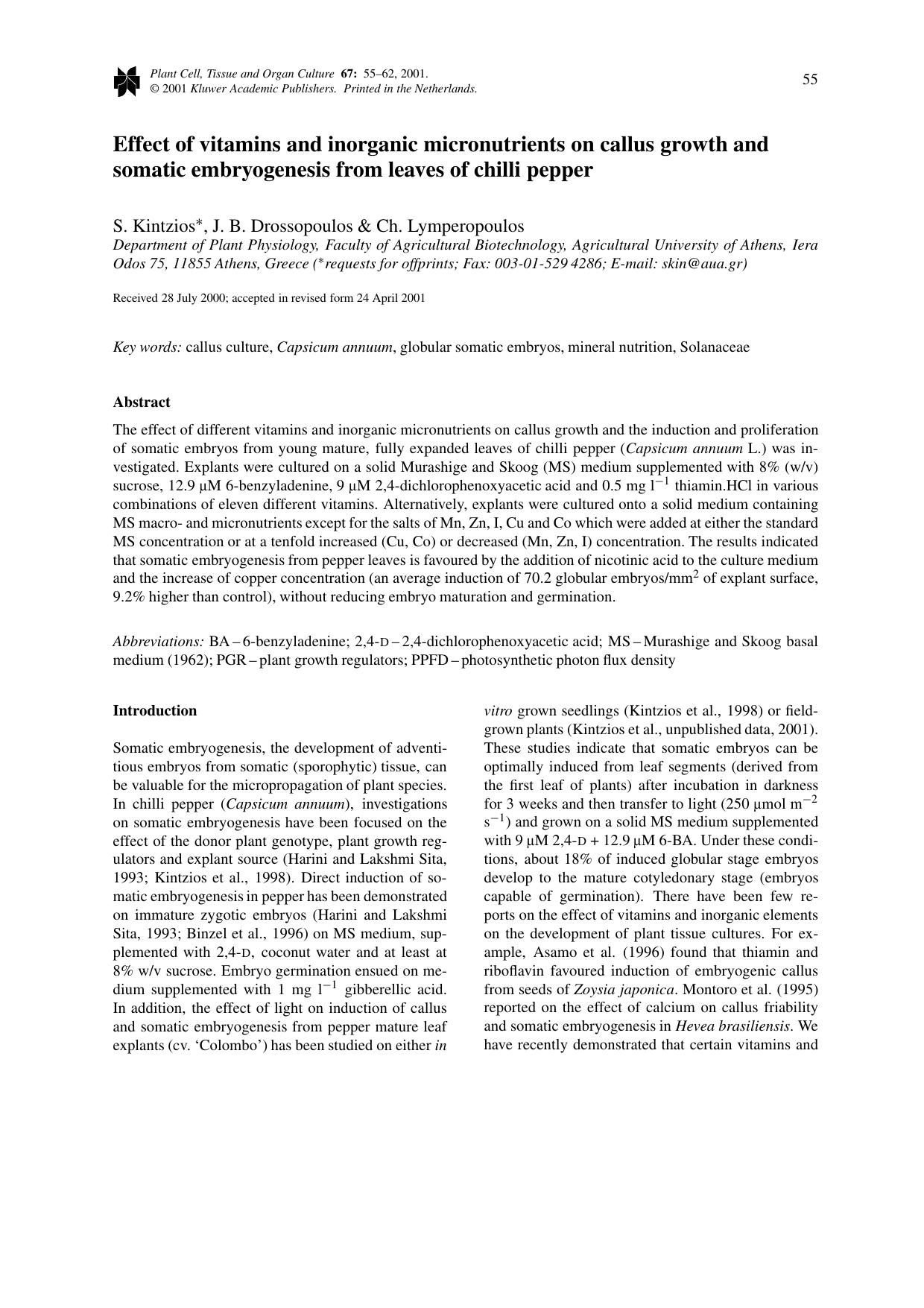 Effect of vitamins and inorganic micronutrients on callus growth and somatic embryogenesis from leaves of chilli pepper by Unknown