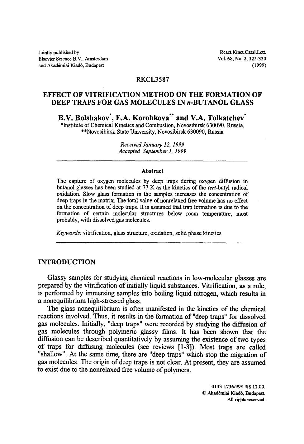 Effect of vitrification method on the formation of deep traps for gas molecules in <Emphasis Type="Italic">n <Emphasis>-butanol glass by Unknown