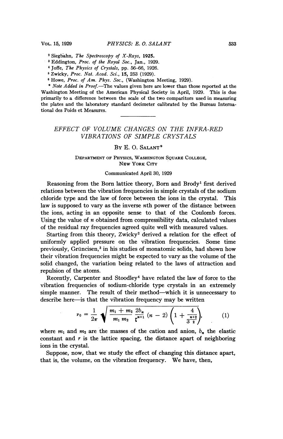 Effect of volume changes on the infra-red vibrations of simple crystals by Salant E.O