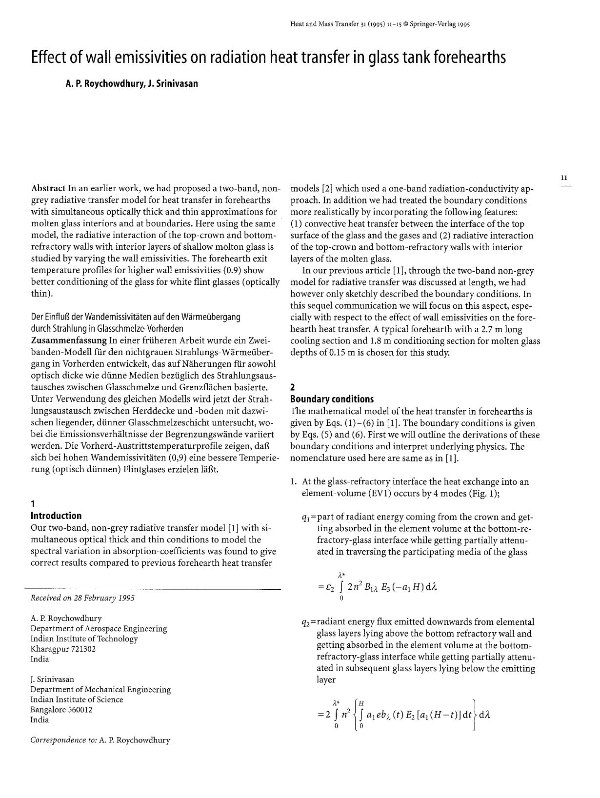 Effect of wall emissivities on radiation heat transfer in glass tank forehearths by Unknown