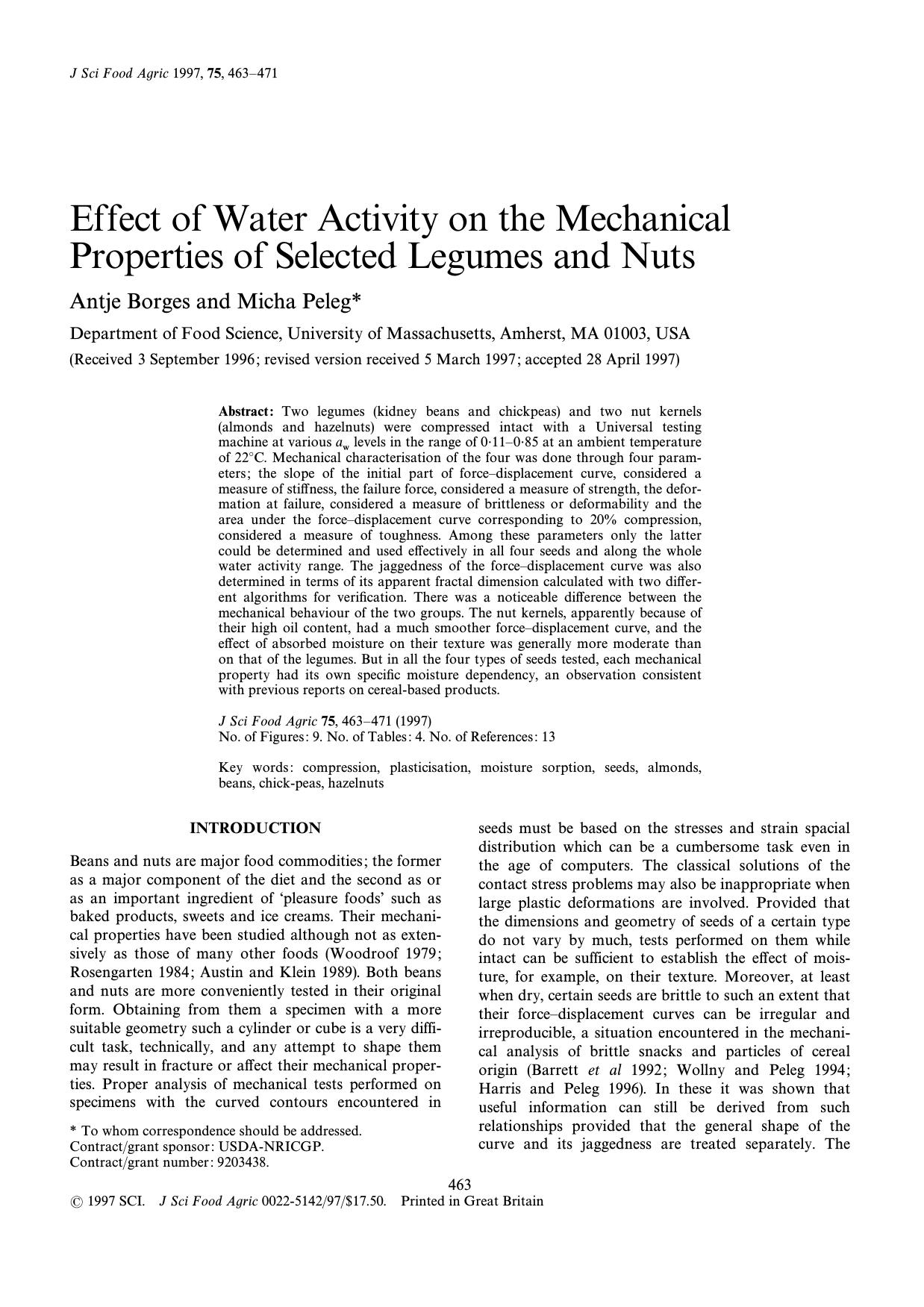Effect of water activity on the mechanical properties of selected legumes and nuts by Borges Peleg