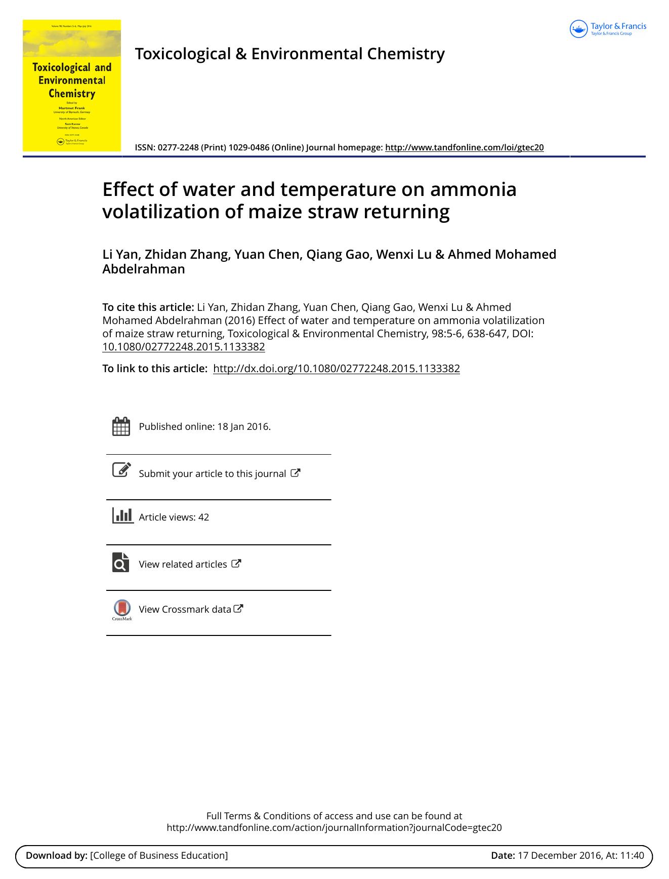 Effect of water and temperature on ammonia volatilization of maize straw returning by Li Yan & Zhidan Zhang & Yuan Chen & Qiang Gao & Wenxi Lu & Ahmed Mohamed Abdelrahman