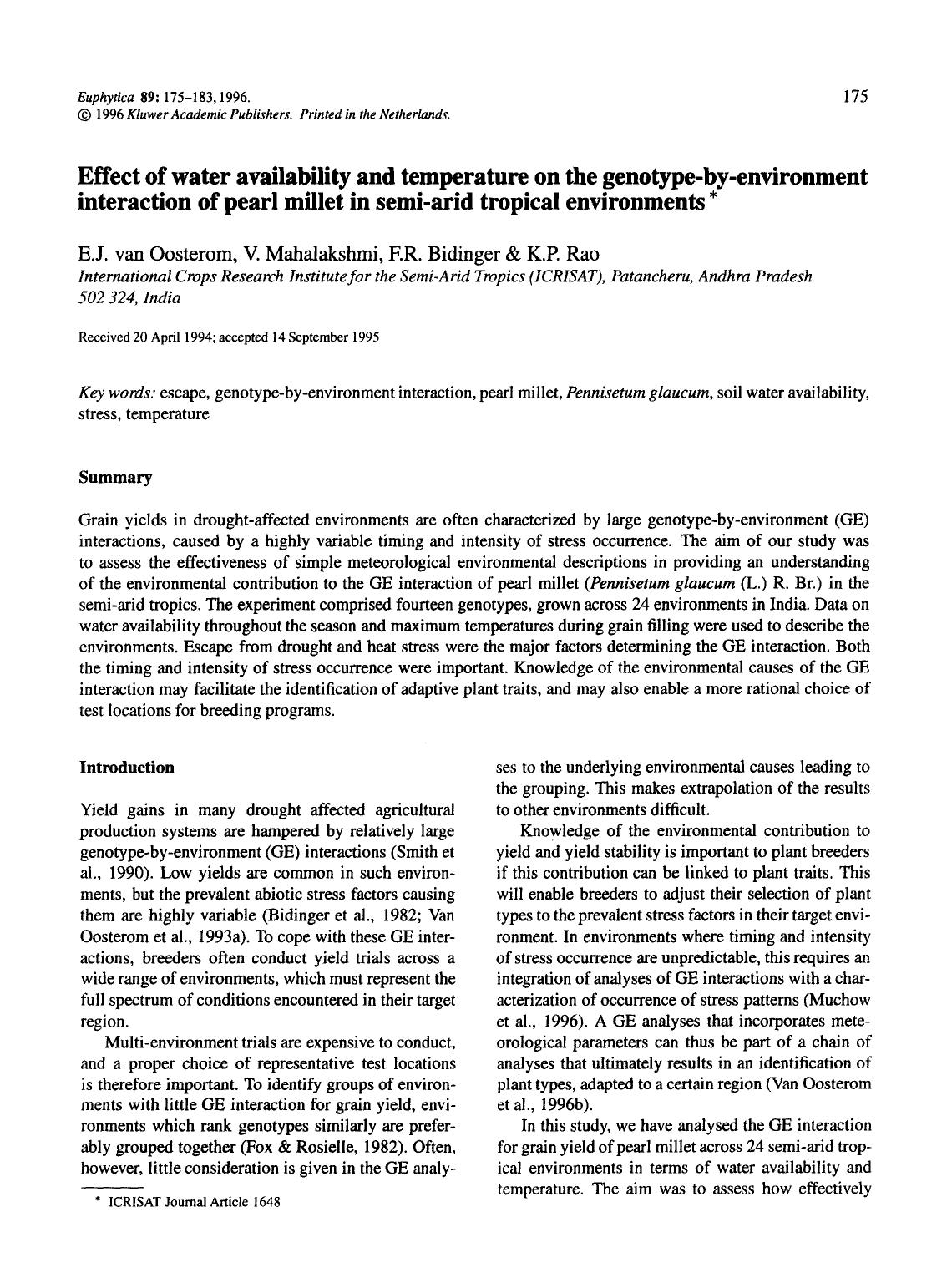 Effect of water availability and temperature on the genotype-by-environment interaction of pearl millet in semi-arid tropical environments by Unknown