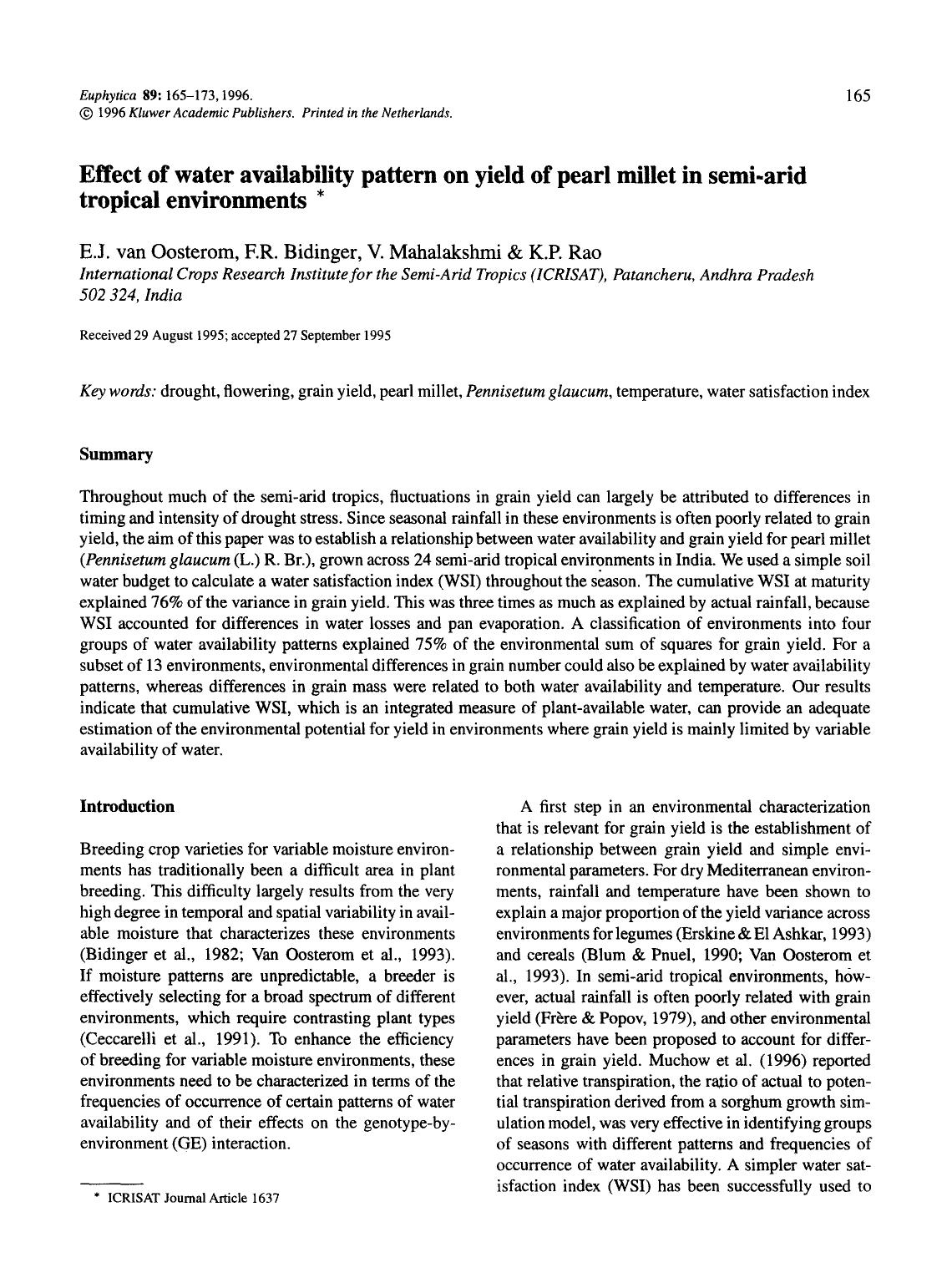 Effect of water availability pattern on yield of pearl millet in semi-arid tropical environments by Unknown