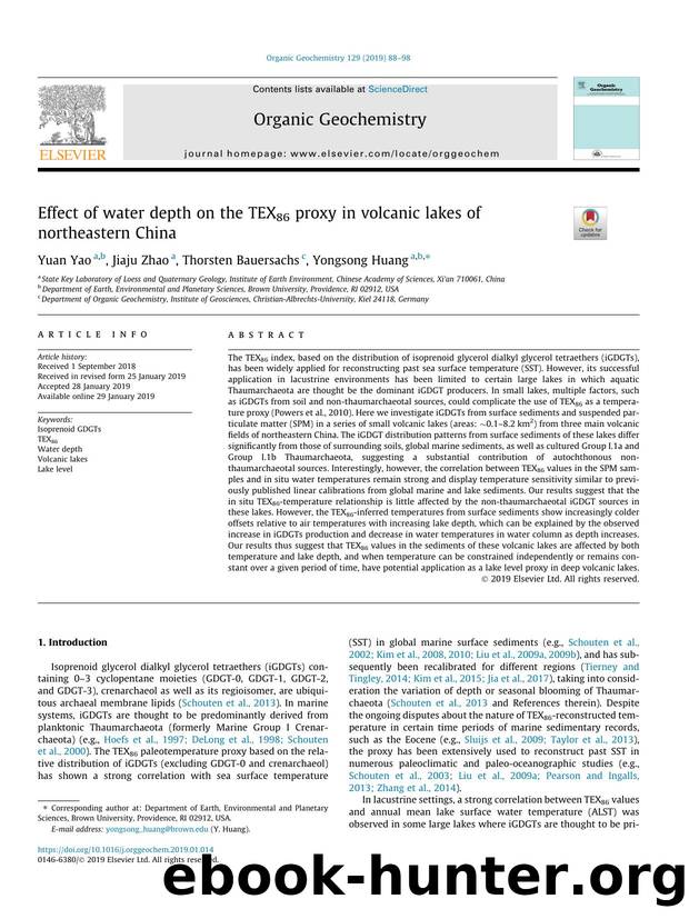 Effect of water depth on the TEX86 proxy in volcanic lakes of northeastern China by Yuan Yao & Jiaju Zhao & Thorsten Bauersachs & Yongsong Huang