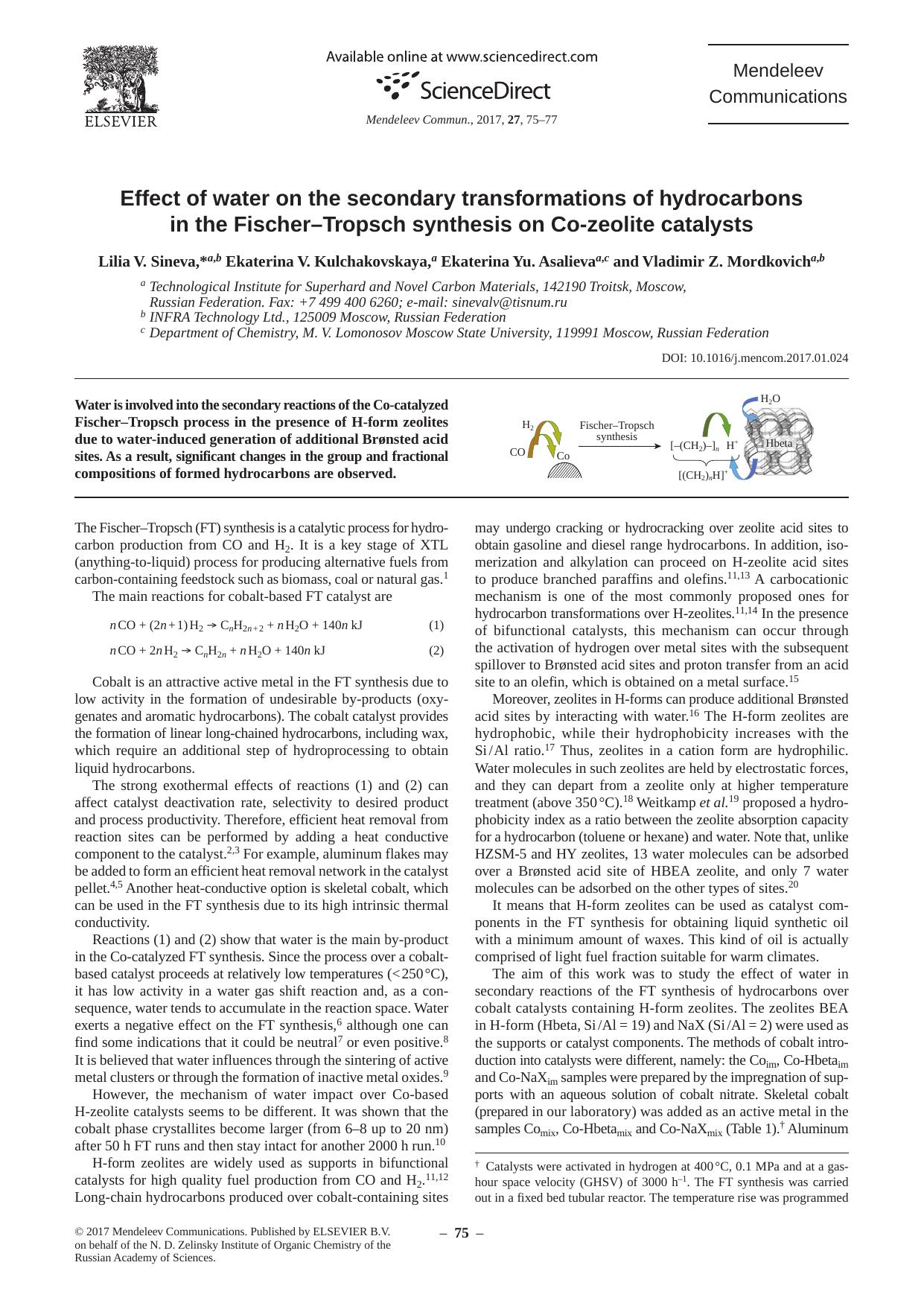 Effect of water on the secondary transformations of hydrocarbons in the Fischer–Tropsch synthesis on Co-zeolite catalysts by Lilia V. Sineva & Ekaterina V. Kulchakovskaya & Ekaterina Yu. Asalieva & Vladimir Z. Mordkovich