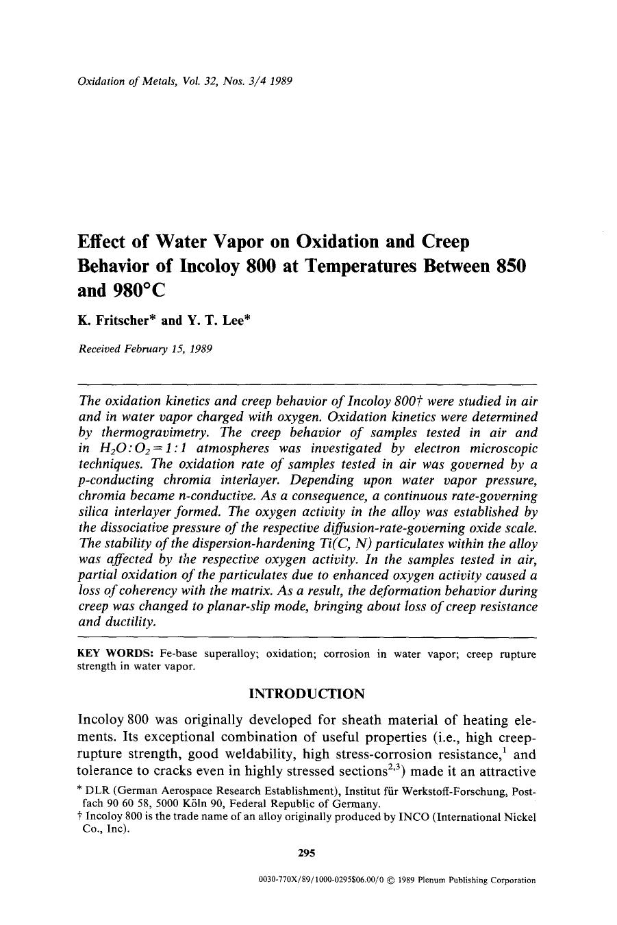 Effect of water vapor on oxidation and creep behavior of incoloy 800 at temperatures between 850 and 980°C by Unknown