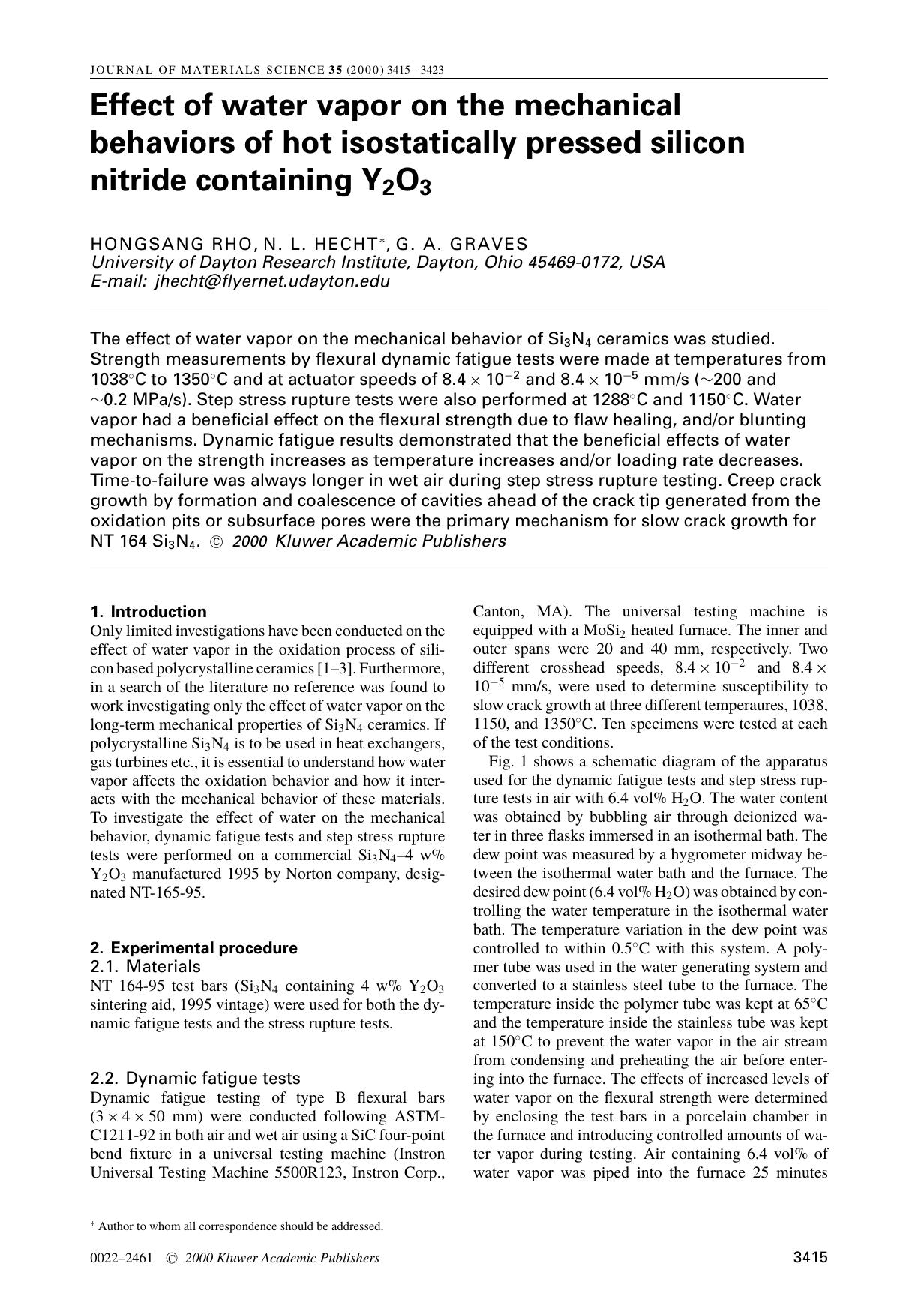 Effect of water vapor on the mechanical behaviors of hot isostatically pressed silicon nitride containing Y2O3 by Unknown
