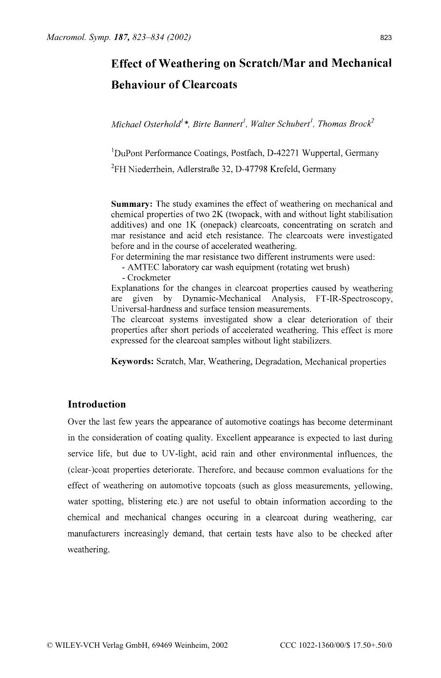 Effect of weathering on scratchmar and mechanical behaviour of clearcoats by Unknown