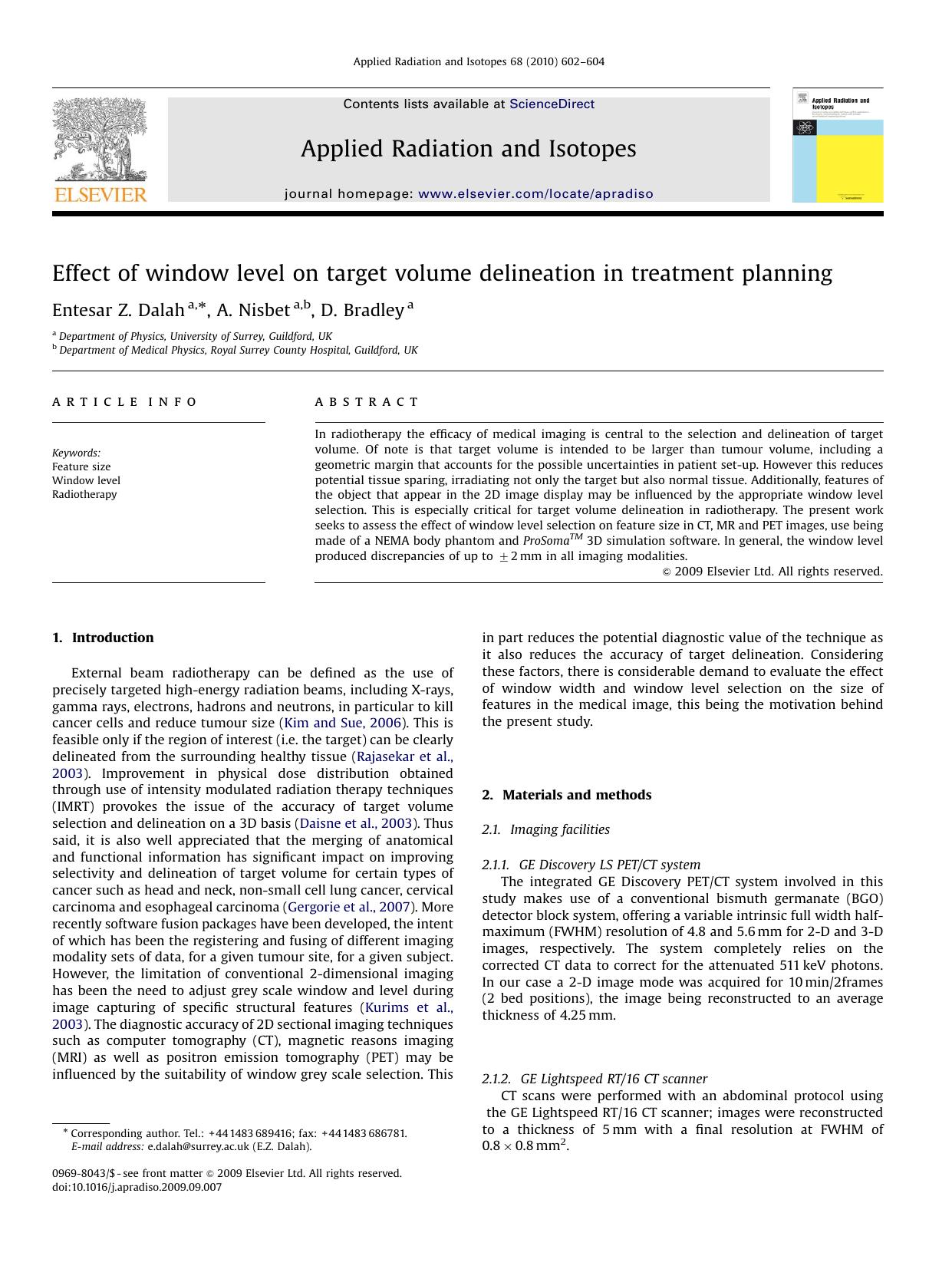 Effect of window level on target volume delineation in treatment planning by Entesar Z. Dalah; A. Nisbet; D. Bradley