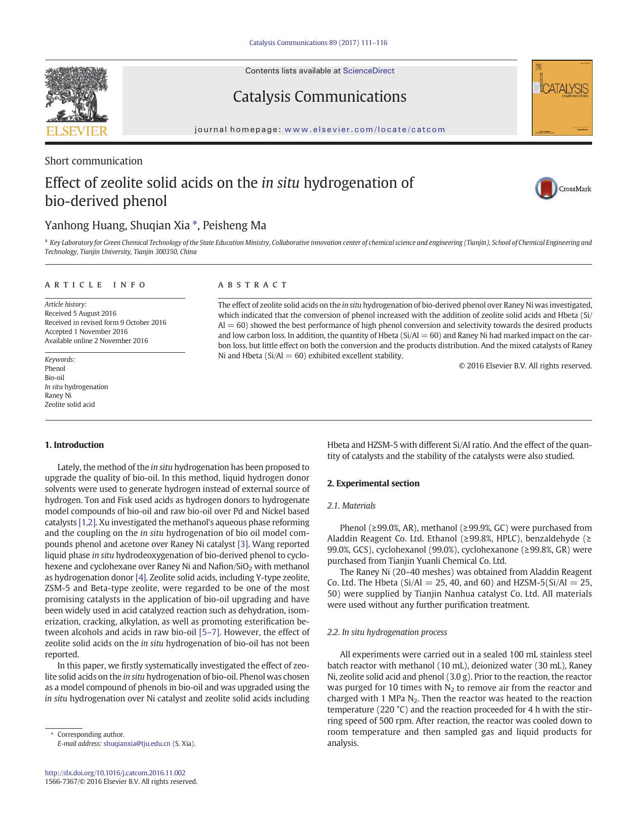 Effect of zeolite solid acids on the in situ hydrogenation of bio-derived phenol by Yanhong Huang & Shuqian Xia & Peisheng Ma