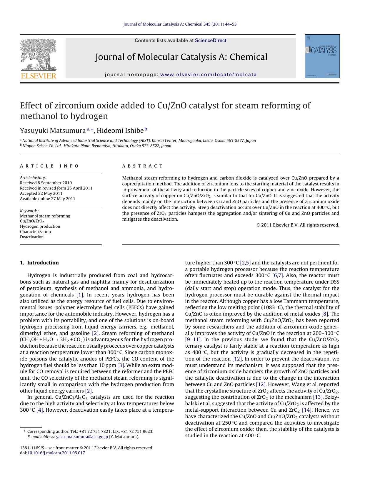 Effect of zirconium oxide added to CuZnO catalyst for steam reforming of methanol to hydrogen by Yasuyuki Matsumura