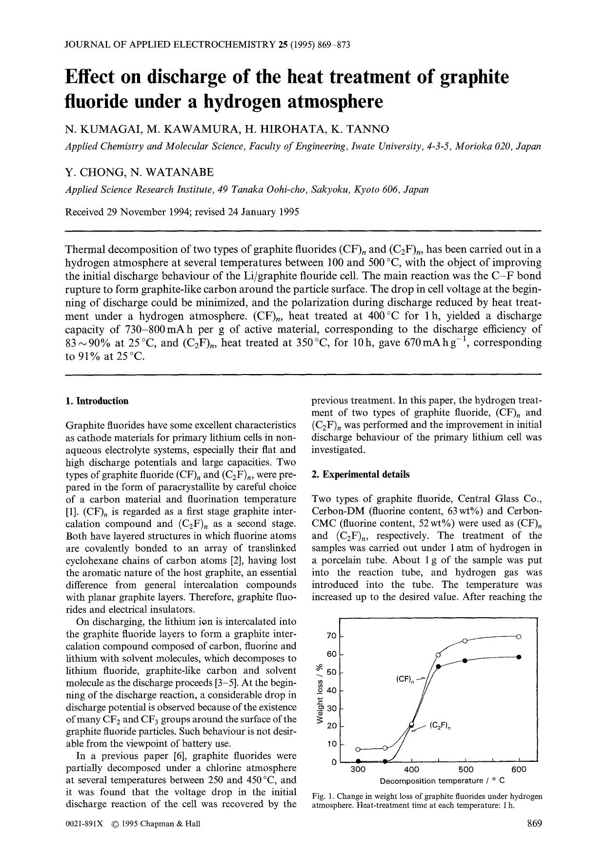 Effect on discharge of the heat treatment of graphite fluoride under a hydrogen atmosphere by Unknown