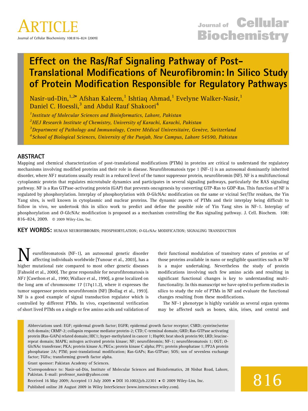 Effect on the RasRaf signaling pathway of post-translational modifications of neurofibromin: In silico study of protein modification responsible for regulatory pathways by Unknown
