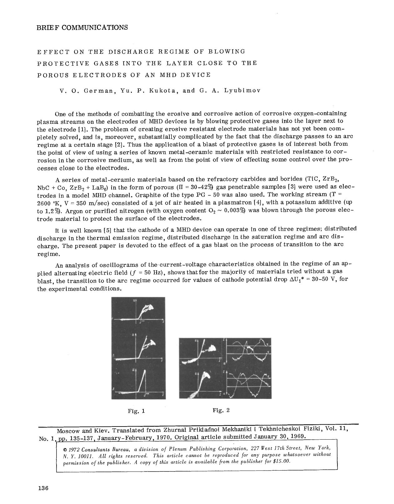 Effect on the discharge regime of blowing protective gases into the layer close to the porous electrodes of an MHD device by Unknown