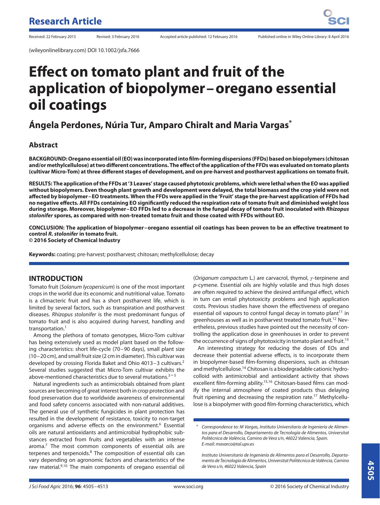 Effect on tomato plant and fruit of the application of biopolymer--oregano essential oil coatings by Unknown
