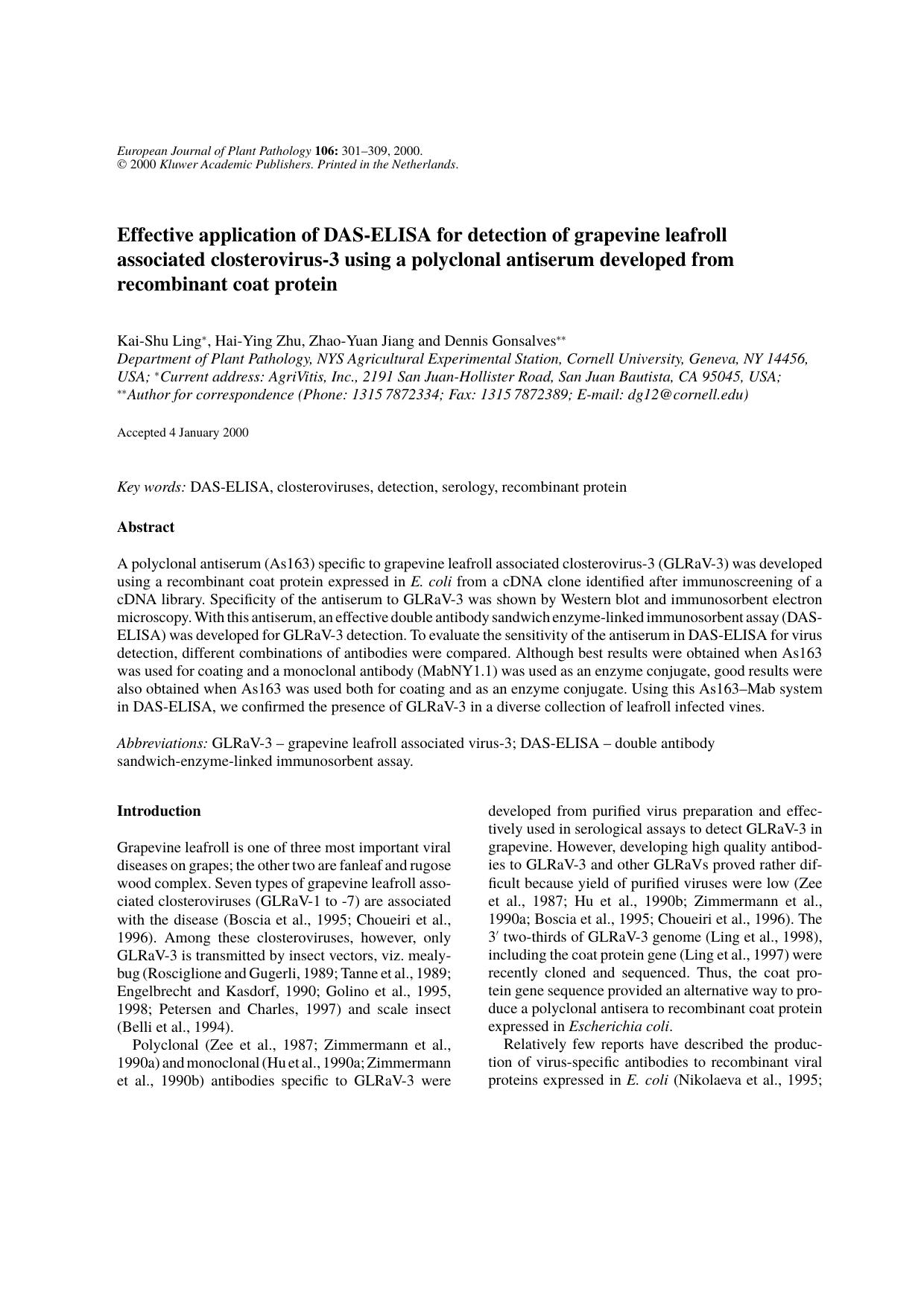 Effective Application of DAS-ELISA for Detection of Grapevine Leafroll Associated Closterovirus-3 Using a Polyclonal Antiserum Developed from Recombinant Coat Protein by Unknown