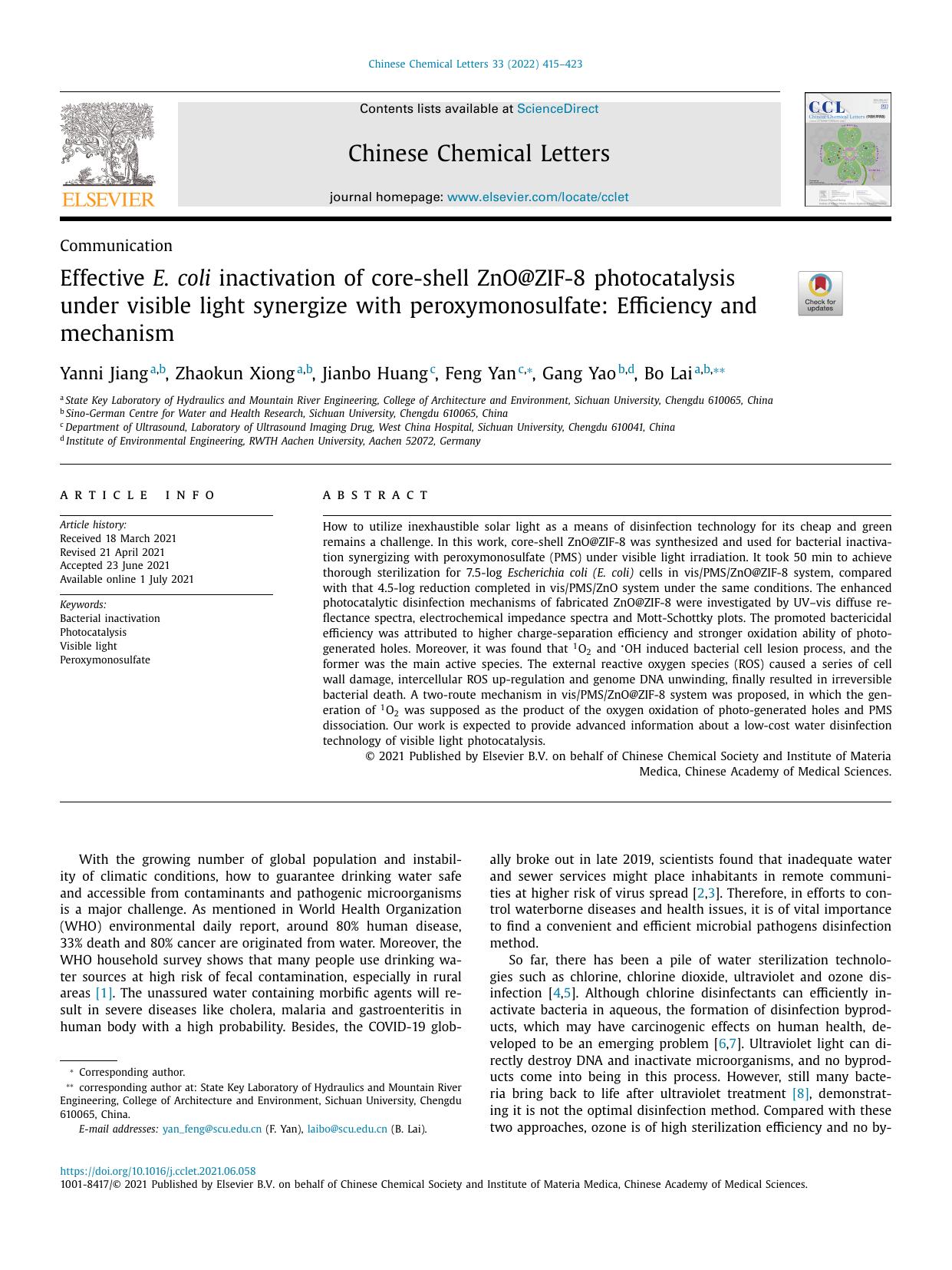 Effective E. coli inactivation of core-shell ZnO@ZIF-8 photocatalysis under visible light synergize with peroxymonosulfate: Efficiency and mechanism by Yanni Jiang & Zhaokun Xiong & Jianbo Huang & Feng Yan & Gang Yao & Bo Lai