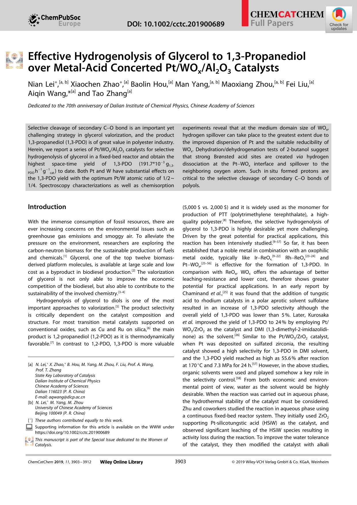 Effective Hydrogenolysis of Glycerol to 1,3âPropanediol over MetalâAcid Concerted PtWOxAl2O3 Catalysts by Unknown