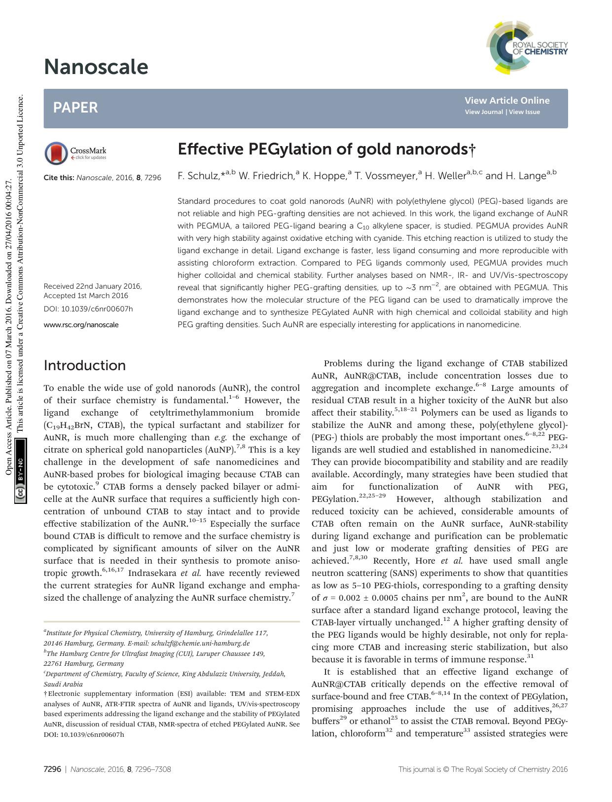 Effective PEGylation of gold nanorods by F. Schulz W. Friedrich K. Hoppe T. Vossmeyer H. Weller H. Lange